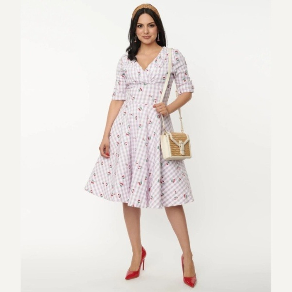 UNIQUE VINTAGE Purple Gingham Cherry Print Swing Dress Retro Rockabilly | Size 2